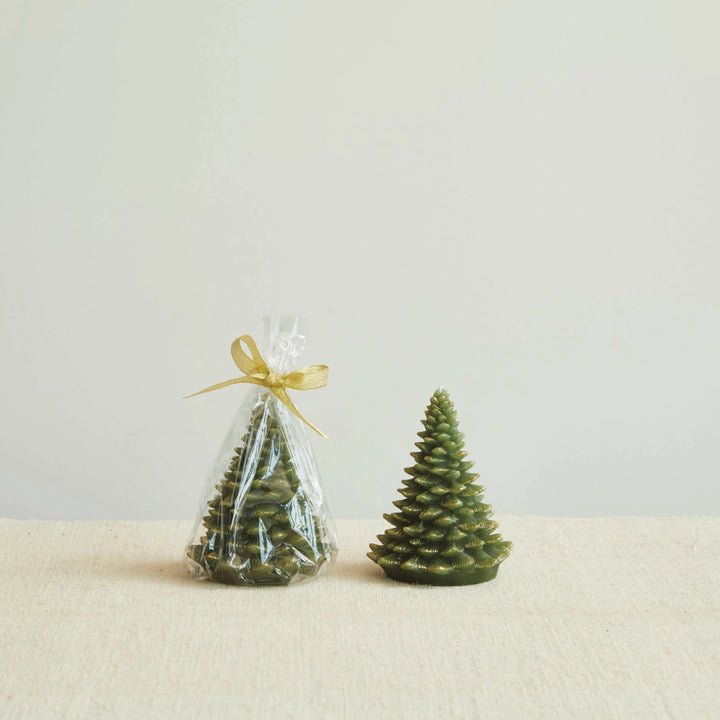 Unscented Tree Shaped Candle w/ Gold Tips, Evergreen Color