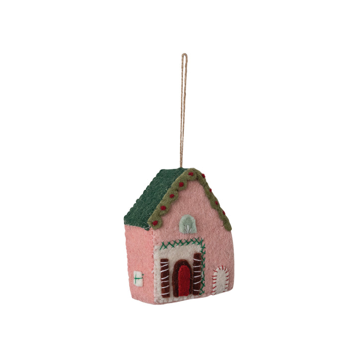 Handmade Wool Felt House Ornament w/ Applique & Embroidery, Multi Color