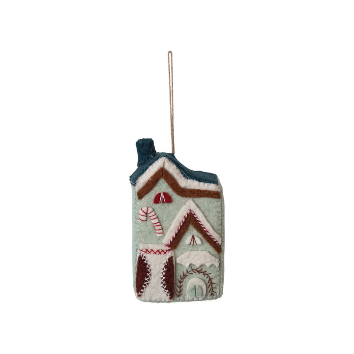 Handmade Wool Felt House Ornament w/ Applique & Embroidery, Multi Color