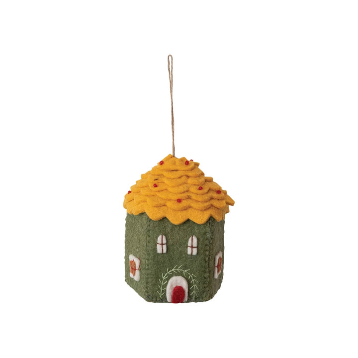 Handmade Wool Felt House Ornament w/ Applique & Embroidery, Multi Color