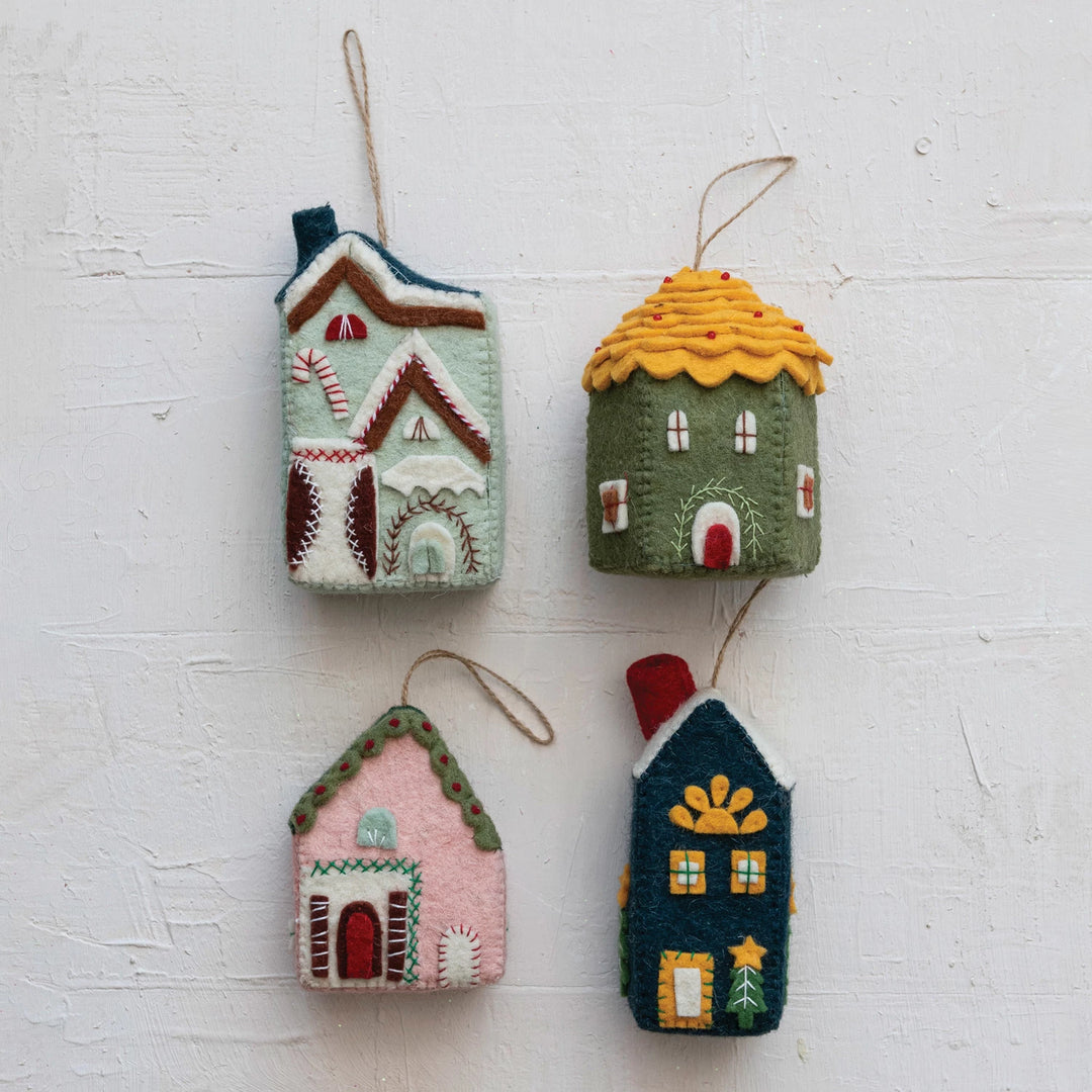 Handmade Wool Felt House Ornament w/ Applique & Embroidery, Multi Color