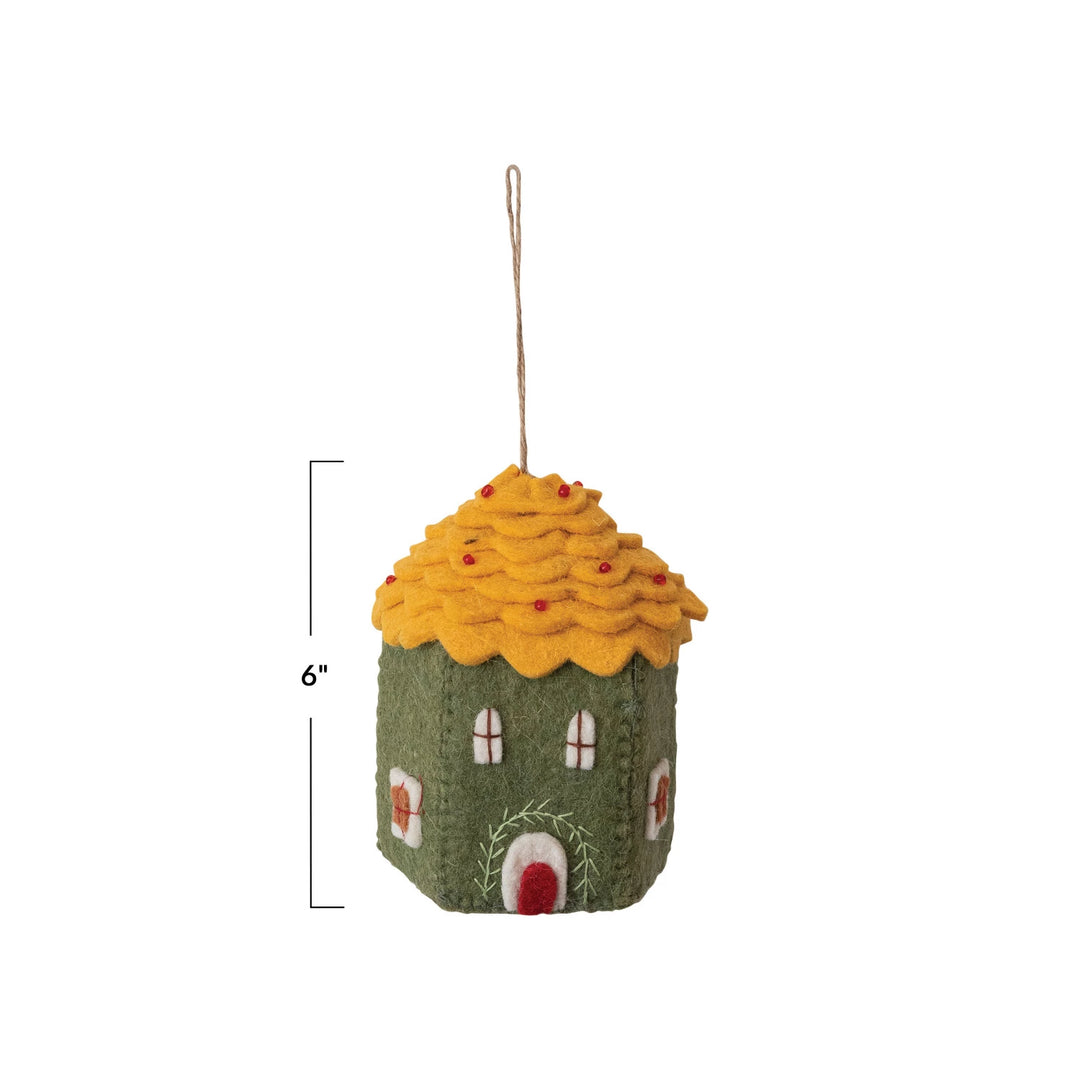 Handmade Wool Felt House Ornament w/ Applique & Embroidery, Multi Color