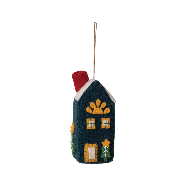 Handmade Wool Felt House Ornament w/ Applique & Embroidery, Multi Color